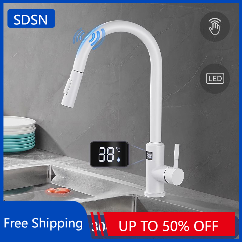 Commercial Kitchen Faucet - White Touch on Digital Kitchen Sink