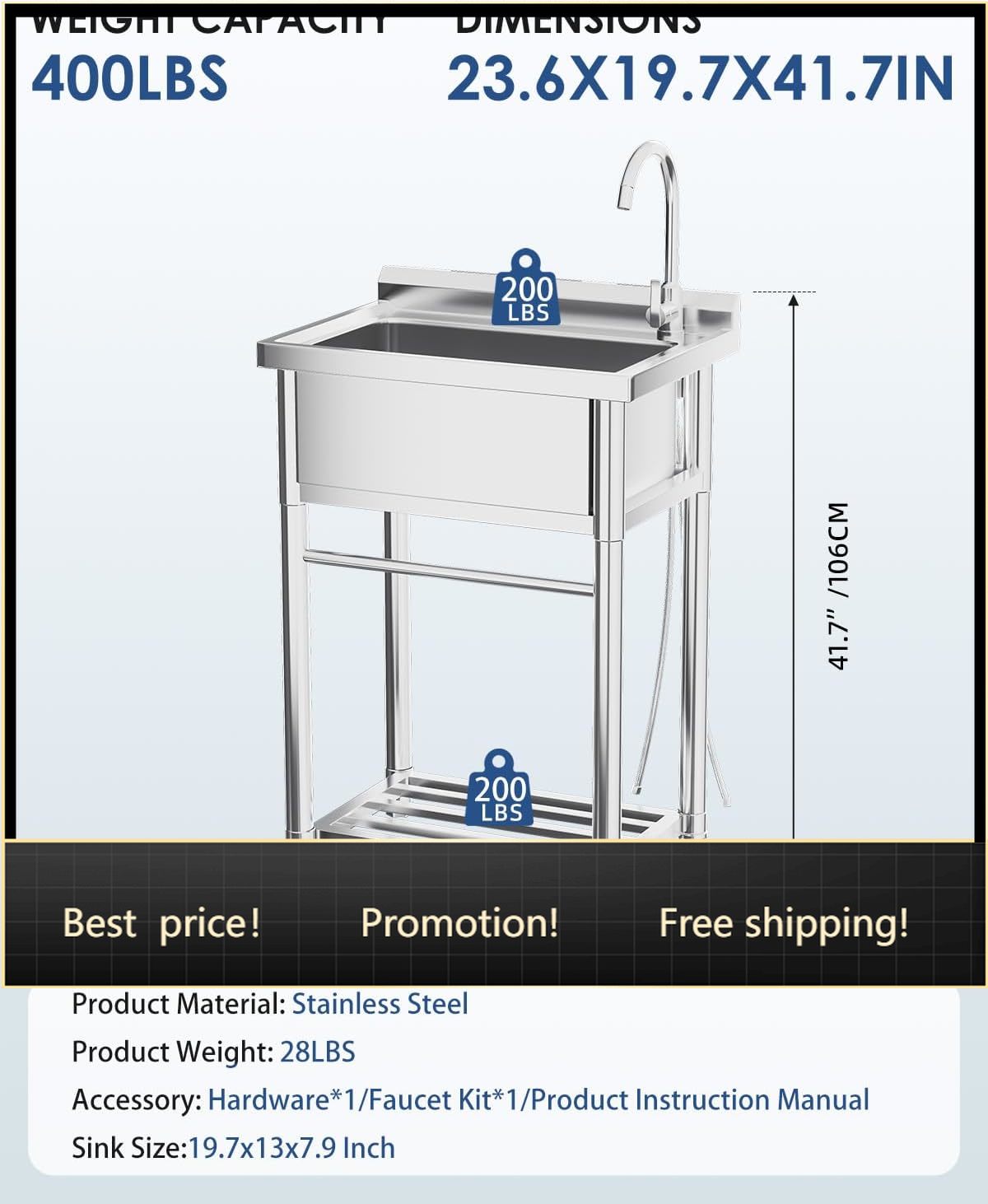 Commercial Kitchen Faucet - Stainless Steel Utility Sink, Free Standing